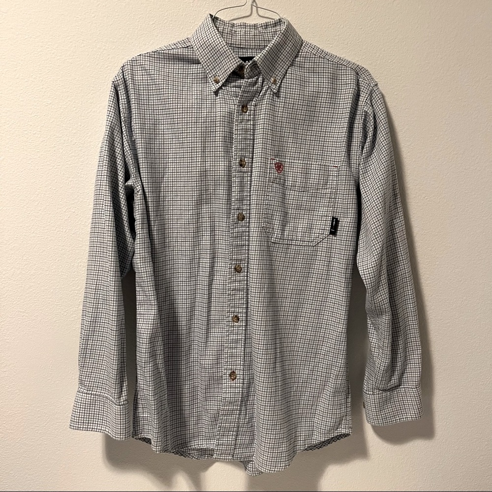 ARIAT FR flame retardant Black White & Blue Work Shirt Cotton Medium Stained